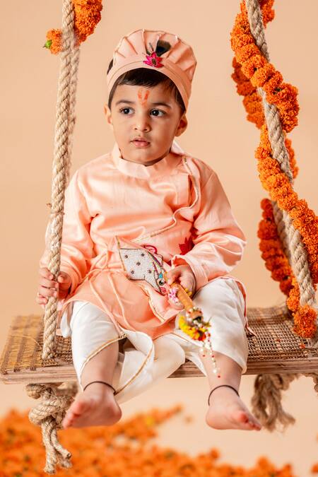 Shop Rage Attire-Sweta Saria Peach Cotton, Silk Beads Cow And Lotus Embroidered Kurta With Dhoti Set Online at Aza Fashions Shop_Rage Attire-Sweta Saria_Peach Cotton, Silk Beads Cow And Lotus Embroidered Kurta With Dhoti Set _Online_at_Aza_Fashions