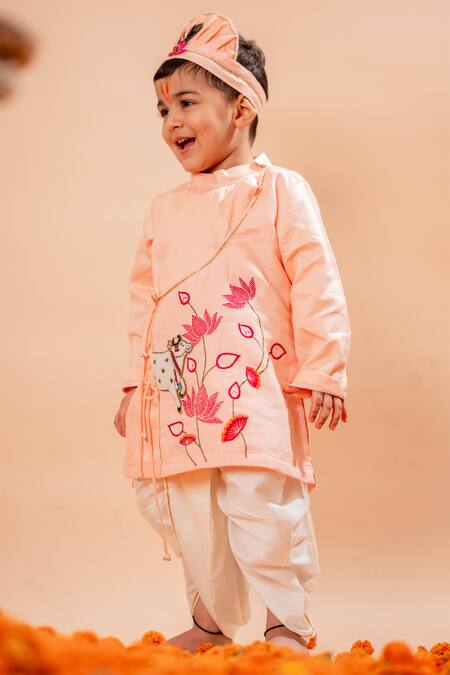 Rage Attire-Sweta Saria Peach Cotton, Silk Beads Cow And Lotus Embroidered Kurta With Dhoti Set at Aza Fashions Rage Attire-Sweta Saria_Peach Cotton, Silk Beads Cow And Lotus Embroidered Kurta With Dhoti Set _at_Aza_Fashions