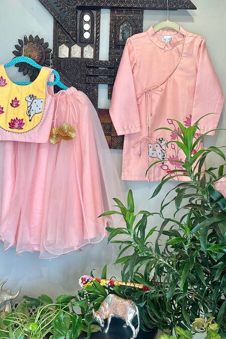 Buy Rage Attire-Sweta Saria Peach Cotton, Silk Beads Cow And Lotus Embroidered Kurta With Dhoti Set Buy_Rage Attire-Sweta Saria_Peach Cotton, Silk Beads Cow And Lotus Embroidered Kurta With Dhoti Set