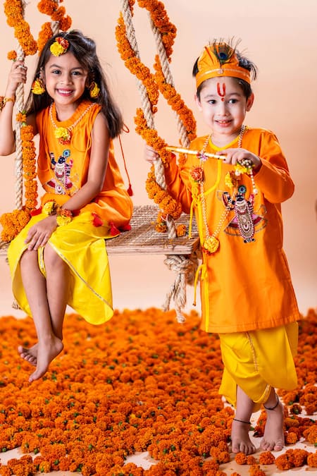 Rage Attire-Sweta Saria_Yellow Cotton, Silk Venkateshwara Embroidered Angrakha Kurta With Dhoti Pant Set _Online_at_Aza_Fashions