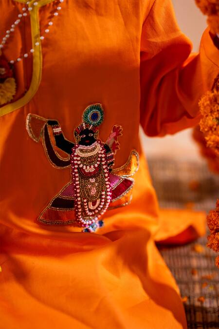 Shop_Rage Attire-Sweta Saria_Yellow Cotton, Silk Venkateshwara Embroidered Angrakha Kurta With Dhoti Pant Set _Online_at_Aza_Fashions