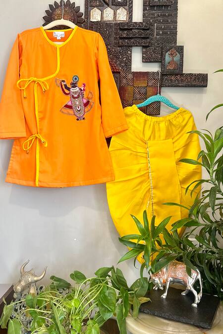 Rage Attire-Sweta Saria_Yellow Cotton, Silk Venkateshwara Embroidered Angrakha Kurta With Dhoti Pant Set _at_Aza_Fashions