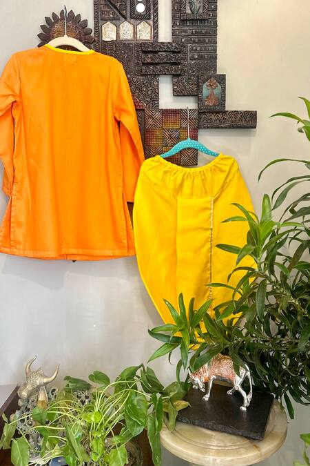 Buy_Rage Attire-Sweta Saria_Yellow Cotton, Silk Venkateshwara Embroidered Angrakha Kurta With Dhoti Pant Set 