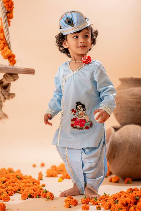 Shop Rage Attire-Sweta Saria Blue Cotton, Silk Beads Sev Khaye Kanahiya Kurta With Dhoti Pant Set Online at Aza Fashions Shop_Rage Attire-Sweta Saria_Blue Cotton, Silk Beads Sev Khaye Kanahiya Kurta With Dhoti Pant Set _Online_at_Aza_Fashions