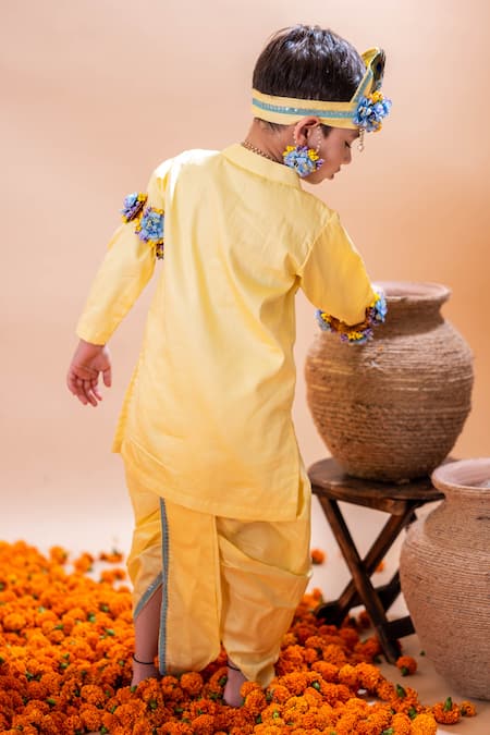 Shop Rage Attire-Sweta Saria Yellow Cotton, Silk Beads Krishna Bansuri Embroidered Kurta With Dhoti Pant Set at Aza Fashions Shop_Rage Attire-Sweta Saria_Yellow Cotton, Silk Beads Krishna Bansuri Embroidered Kurta With Dhoti Pant Set _at_Aza_Fashions
