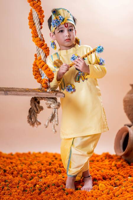 Rage Attire-Sweta Saria Yellow Cotton, Silk Beads Krishna Bansuri Embroidered Kurta With Dhoti Pant Set Online at Aza Fashions Rage Attire-Sweta Saria_Yellow Cotton, Silk Beads Krishna Bansuri Embroidered Kurta With Dhoti Pant Set _Online_at_Aza_Fashions