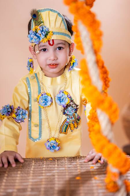 Shop Rage Attire-Sweta Saria Yellow Cotton, Silk Beads Krishna Bansuri Embroidered Kurta With Dhoti Pant Set Online at Aza Fashions Shop_Rage Attire-Sweta Saria_Yellow Cotton, Silk Beads Krishna Bansuri Embroidered Kurta With Dhoti Pant Set _Online_at_Aza_Fashions