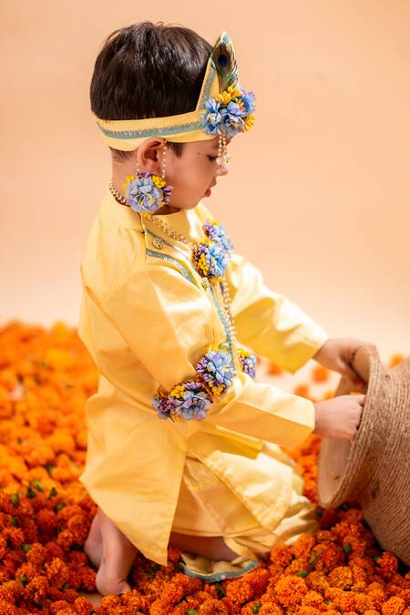 Shop Rage Attire-Sweta Saria Yellow Cotton, Silk Beads Krishna Bansuri Embroidered Kurta With Dhoti Pant Set Shop_Rage Attire-Sweta Saria_Yellow Cotton, Silk Beads Krishna Bansuri Embroidered Kurta With Dhoti Pant Set