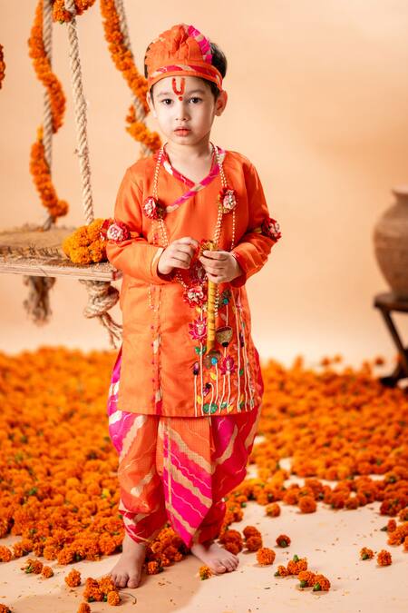 Rage Attire-Sweta Saria_Orange Cotton, Silk, Kota Doria Floral Embroidered Kurta And Dhoti Pant Set _Online_at_Aza_Fashions