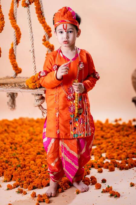 Buy_Rage Attire-Sweta Saria_Orange Cotton, Silk, Kota Doria Floral Embroidered Kurta And Dhoti Pant Set _Online_at_Aza_Fashions
