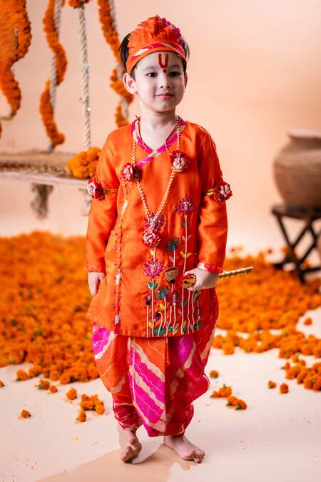 Shop_Rage Attire-Sweta Saria_Orange Cotton, Silk, Kota Doria Floral Embroidered Kurta And Dhoti Pant Set _Online_at_Aza_Fashions