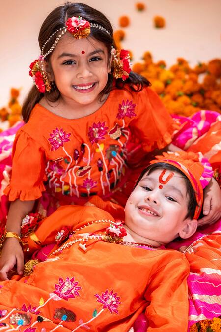 Shop_Rage Attire-Sweta Saria_Orange Cotton, Silk, Kota Doria Floral Embroidered Kurta And Dhoti Pant Set 