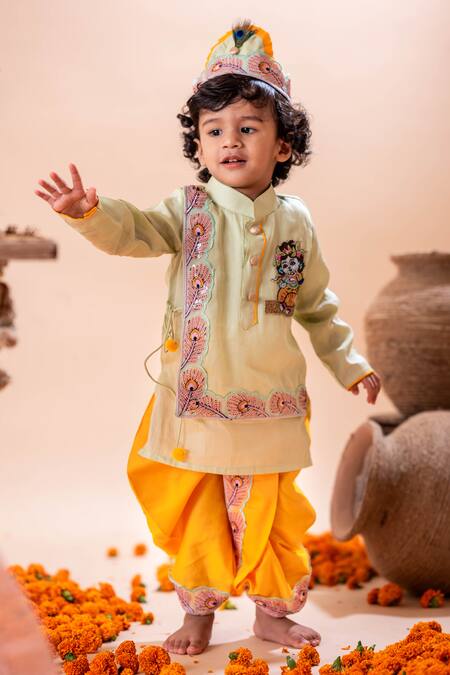 Rage Attire-Sweta Saria_Green Cotton, Krishna Bansuri Embroidered Angrakha Kurta With Dhoti Pant Set _Online_at_Aza_Fashions