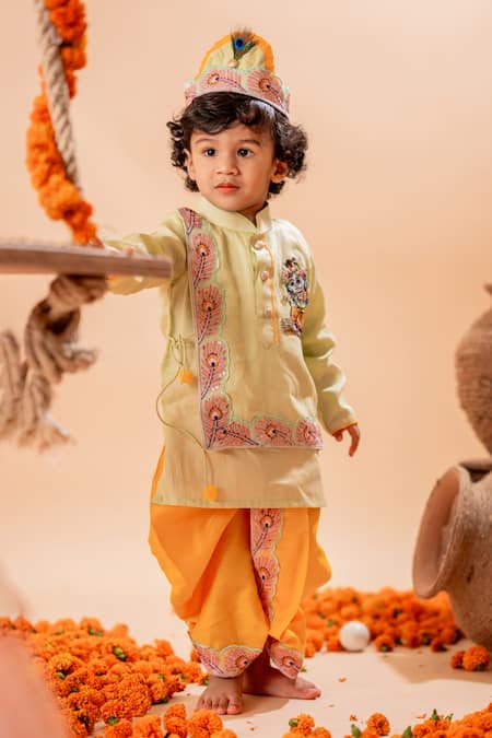 Buy_Rage Attire-Sweta Saria_Green Cotton, Krishna Bansuri Embroidered Angrakha Kurta With Dhoti Pant Set _Online_at_Aza_Fashions