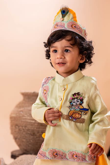 Shop_Rage Attire-Sweta Saria_Green Cotton, Krishna Bansuri Embroidered Angrakha Kurta With Dhoti Pant Set _Online_at_Aza_Fashions