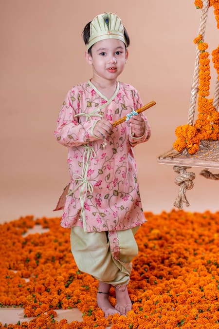 Rage Attire-Sweta Saria_Pink Chanderi , Cotton, Lotus Print Angrakha Kurta With Dhoti Pant Set _Online_at_Aza_Fashions