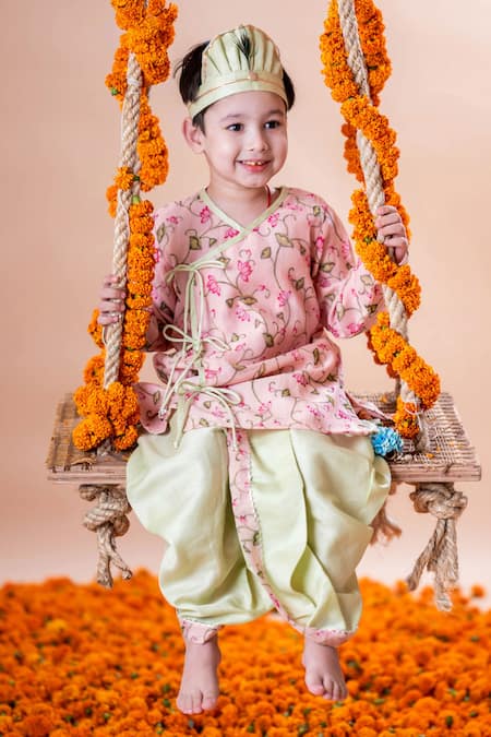 Buy_Rage Attire-Sweta Saria_Pink Chanderi , Cotton, Lotus Print Angrakha Kurta With Dhoti Pant Set _Online_at_Aza_Fashions