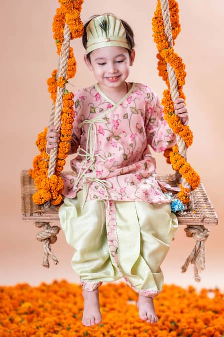 Shop_Rage Attire-Sweta Saria_Pink Chanderi , Cotton, Lotus Print Angrakha Kurta With Dhoti Pant Set _Online_at_Aza_Fashions