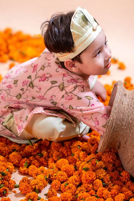 Rage Attire-Sweta Saria_Pink Chanderi , Cotton, Lotus Print Angrakha Kurta With Dhoti Pant Set _at_Aza_Fashions