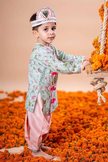 Rage Attire-Sweta Saria_Blue Chanderi Silk, Lotus Pichwai Print Angrakha Kurta With Dhoti Pant Set _Online_at_Aza_Fashions