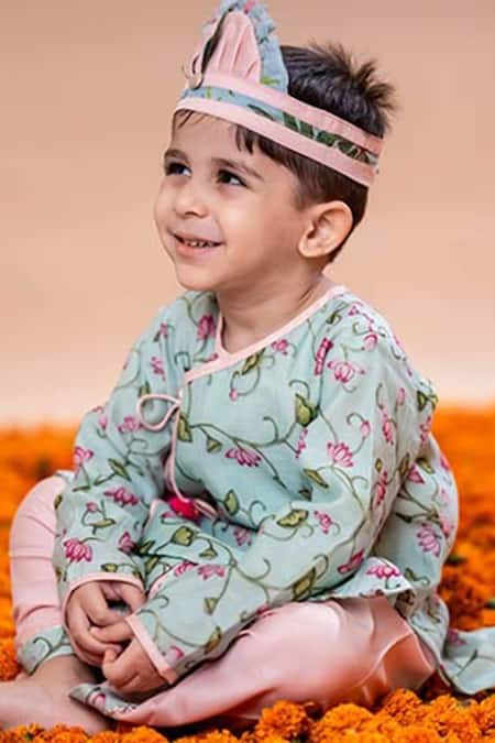 Buy_Rage Attire-Sweta Saria_Blue Chanderi Silk, Lotus Pichwai Print Angrakha Kurta With Dhoti Pant Set _Online_at_Aza_Fashions