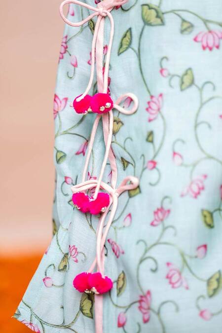 Shop_Rage Attire-Sweta Saria_Blue Chanderi Silk, Lotus Pichwai Print Angrakha Kurta With Dhoti Pant Set _Online_at_Aza_Fashions