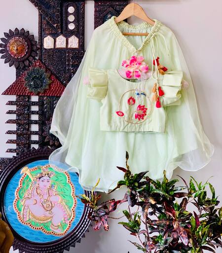 Rage Attire-Sweta Saria_Green Organza, Cotton Embroidery, Zari Padma Ring Blouse And Lehenga Set _Online_at_Aza_Fashions