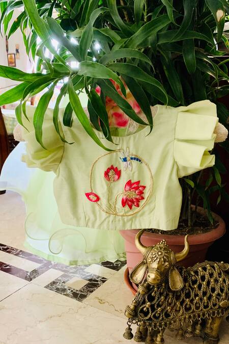 Buy_Rage Attire-Sweta Saria_Green Organza, Cotton Embroidery, Zari Padma Ring Blouse And Lehenga Set _Online_at_Aza_Fashions