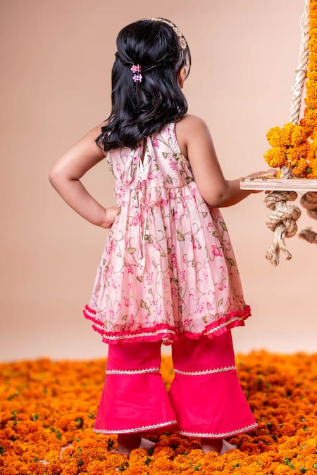 Shop Rage Attire-Sweta Saria Pink Chanderi Silk, Cotton, Lotus Pichwai Print Kurta And Bell Bottom Pant Set at Aza Fashions Shop_Rage Attire-Sweta Saria_Pink Chanderi Silk, Cotton, Lotus Pichwai Print Kurta And Bell Bottom Pant Set _at_Aza_Fashions