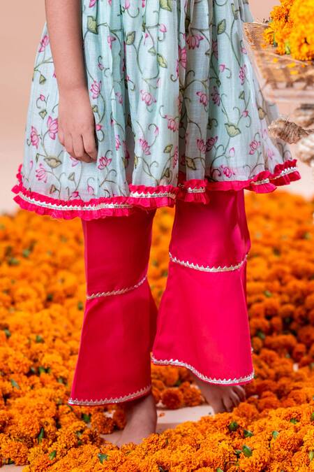 Rage Attire-Sweta Saria Blue Chanderi Silk, Lotus Pichwai Patternprint Kurta And Bell Bottom Pant Set Online at Aza Fashions Rage Attire-Sweta Saria_Blue Chanderi Silk, Lotus Pichwai Patternprint Kurta And Bell Bottom Pant Set _Online_at_Aza_Fashions