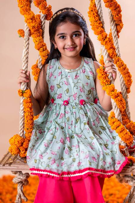 Shop Rage Attire-Sweta Saria Blue Chanderi Silk, Lotus Pichwai Patternprint Kurta And Bell Bottom Pant Set Online at Aza Fashions Shop_Rage Attire-Sweta Saria_Blue Chanderi Silk, Lotus Pichwai Patternprint Kurta And Bell Bottom Pant Set _Online_at_Aza_Fashions