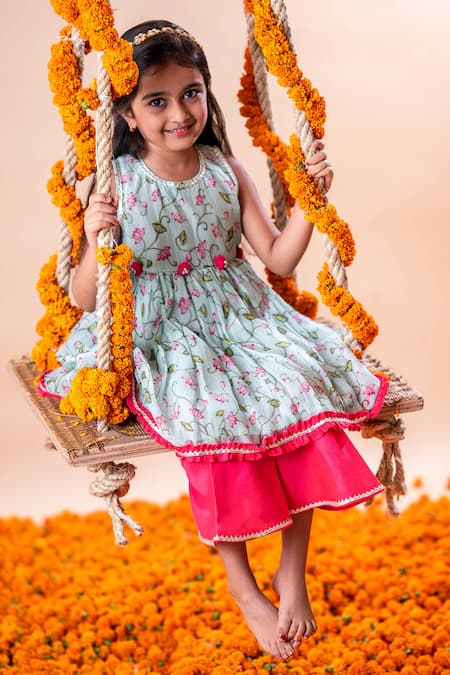 Rage Attire-Sweta Saria Blue Chanderi Silk, Lotus Pichwai Patternprint Kurta And Bell Bottom Pant Set at Aza Fashions Rage Attire-Sweta Saria_Blue Chanderi Silk, Lotus Pichwai Patternprint Kurta And Bell Bottom Pant Set _at_Aza_Fashions