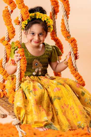 Shop Rage Attire-Sweta Saria Yellow Satin, Chanderi Silk, Beads Printed Lehenga With Blouse at Aza Fashions Shop_Rage Attire-Sweta Saria_Yellow Satin, Chanderi Silk, Beads Printed Lehenga With Blouse _at_Aza_Fashions