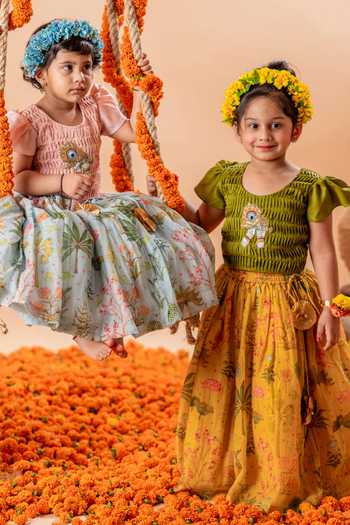Rage Attire-Sweta Saria Yellow Satin, Chanderi Silk, Beads Printed Lehenga With Blouse Online at Aza Fashions Rage Attire-Sweta Saria_Yellow Satin, Chanderi Silk, Beads Printed Lehenga With Blouse _Online_at_Aza_Fashions