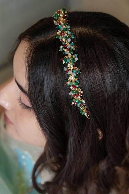 Do Taara_Multi Color Onyx Stone Kundan Embellished Headband _Online_at_Aza_Fashions