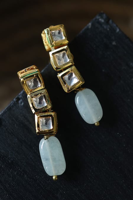 Shop Do Taara Gold Plated Stones, Diamonds Kundan Embellished Danglers at Aza Fashions Shop_Do Taara_Gold Plated Stones, Diamonds Kundan Embellished Danglers _at_Aza_Fashions