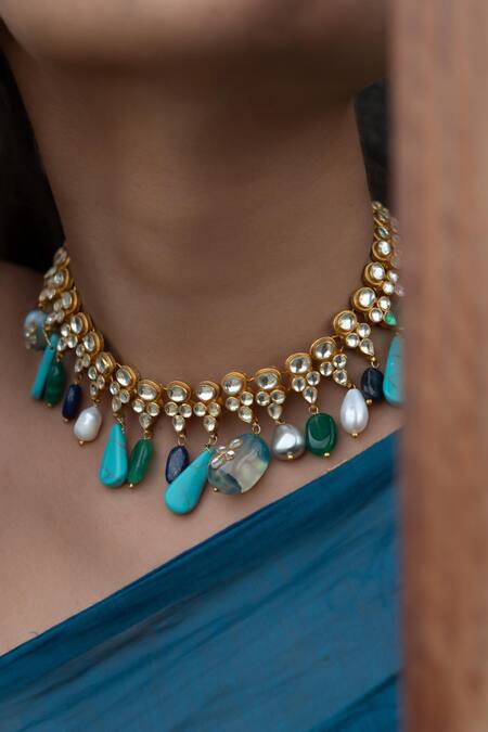 Do Taara_Blue Gleaming Kundan And Stone Embellished Necklace _Online_at_Aza_Fashions