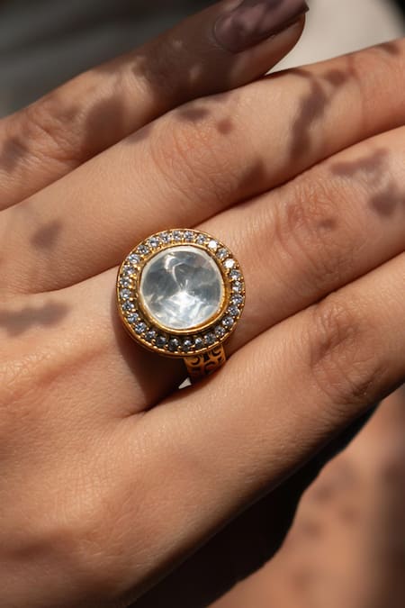 Do Taara Gold Plated Imitation Diamonds Polki Globule Ring