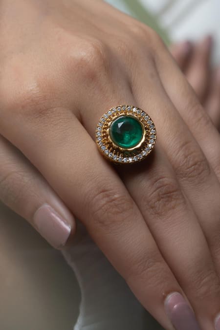 Do Taara_Green Imitation Diamonds Double Stone Polki Ring _Online_at_Aza_Fashions