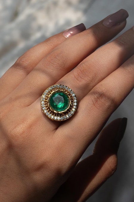 Buy_Do Taara_Green Imitation Diamonds Double Stone Polki Ring _Online_at_Aza_Fashions