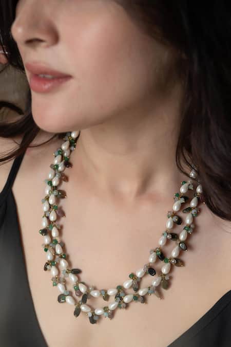 Do Taara_Multi Color Baroque Pearl And Natural Stone Layered Necklace _Online_at_Aza_Fashions
