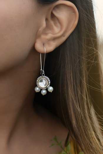Do Taara_Silver Plated Crystals, Pearls Dainty Victorian Polki Drop Earrings _Online_at_Aza_Fashions