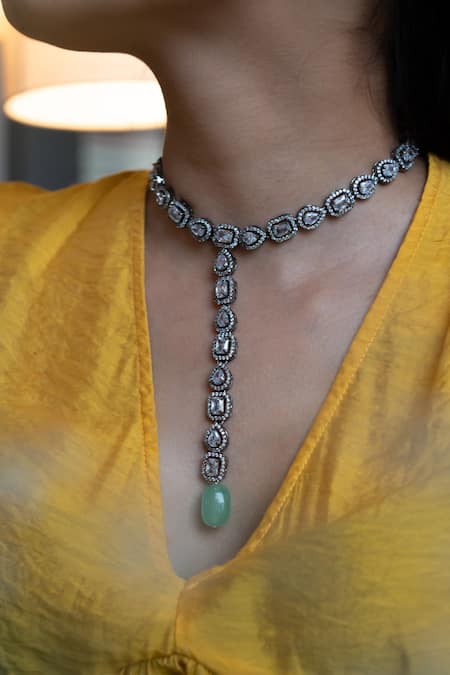 Do Taara Silver Plated Faux Diamond And Natural Stone Embellished Necklace Online at Aza Fashions Do Taara_Silver Plated Faux Diamond And Natural Stone Embellished Necklace _Online_at_Aza_Fashions