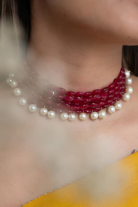 Do Taara Red Natural Stone Embellished Choker Necklace Online at Aza Fashions Do Taara_Red Natural Stone Embellished Choker Necklace _Online_at_Aza_Fashions