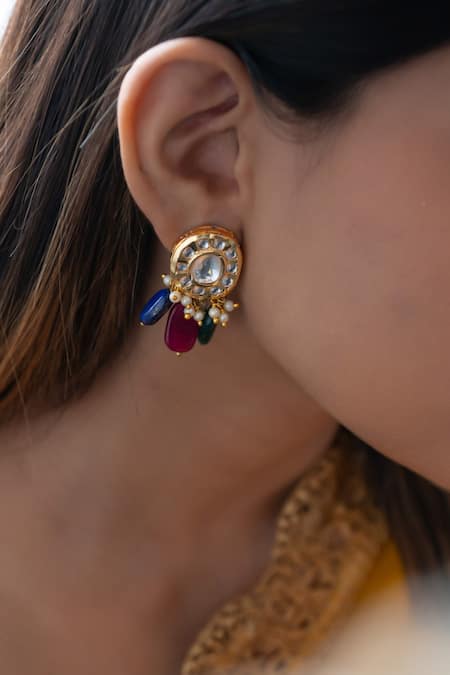 Do Taara_Gold Plated Bows, Stones Kundan And Drop Embellished Earrings _Online_at_Aza_Fashions