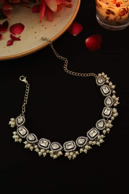 Shop Do Taara Silver Plated Faux Diamond Embellished Necklace at Aza Fashions Shop_Do Taara_Silver Plated Faux Diamond Embellished Necklace _at_Aza_Fashions