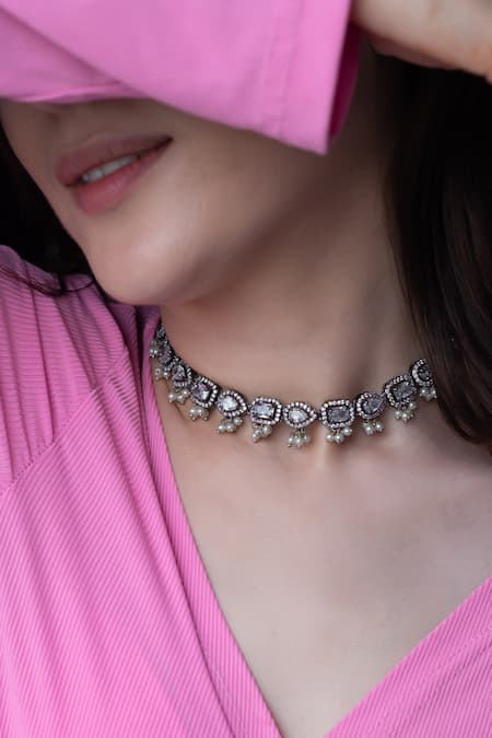 Shop Do Taara Silver Plated Faux Diamond Embellished Necklace Online at Aza Fashions Shop_Do Taara_Silver Plated Faux Diamond Embellished Necklace _Online_at_Aza_Fashions