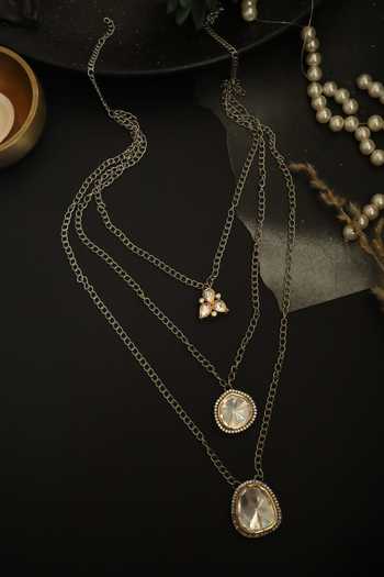 Shop Do Taara Silver Plated Polki And Cubic Zirconia Embellished Layered Necklace at Aza Fashions Shop_Do Taara_Silver Plated Polki And Cubic Zirconia Embellished Layered Necklace _at_Aza_Fashions