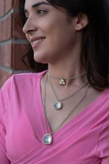 Shop Do Taara Silver Plated Polki And Cubic Zirconia Embellished Layered Necklace Online at Aza Fashions Shop_Do Taara_Silver Plated Polki And Cubic Zirconia Embellished Layered Necklace _Online_at_Aza_Fashions