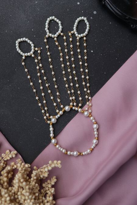 Shop_Do Taara_Gold Plated Shell Pearls Embellished Haathphool _at_Aza_Fashions